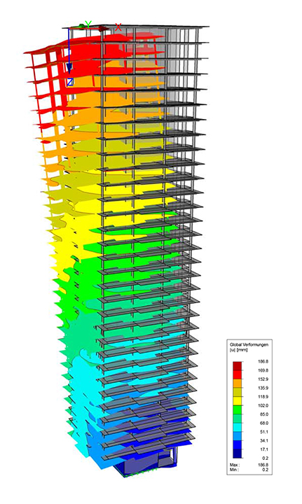 Verformungsstudie eines Wohnturmes als FEM-Modell
