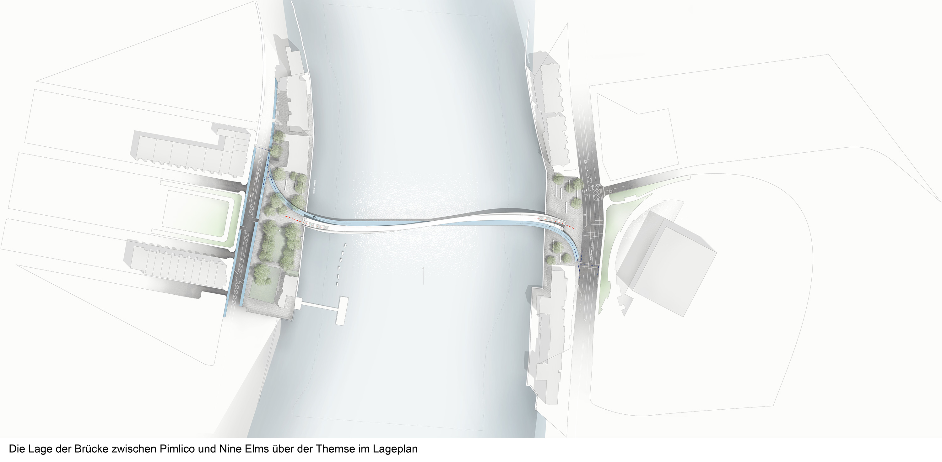 Lage der Brücke zwischen Pimlico und Nine Elms über der Themse im Lageplan