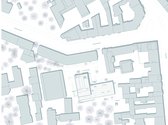 Städtebaulicher Kontext des neuen Laborgebäudes (Zeichnung: Staab Architekten)