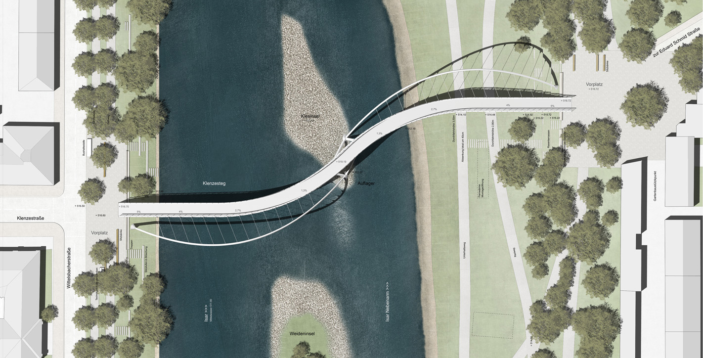 Lage der Brücke über der Isar im Grundriss (Visualisierung: Swillus Architekten | A24 Landschaft)
